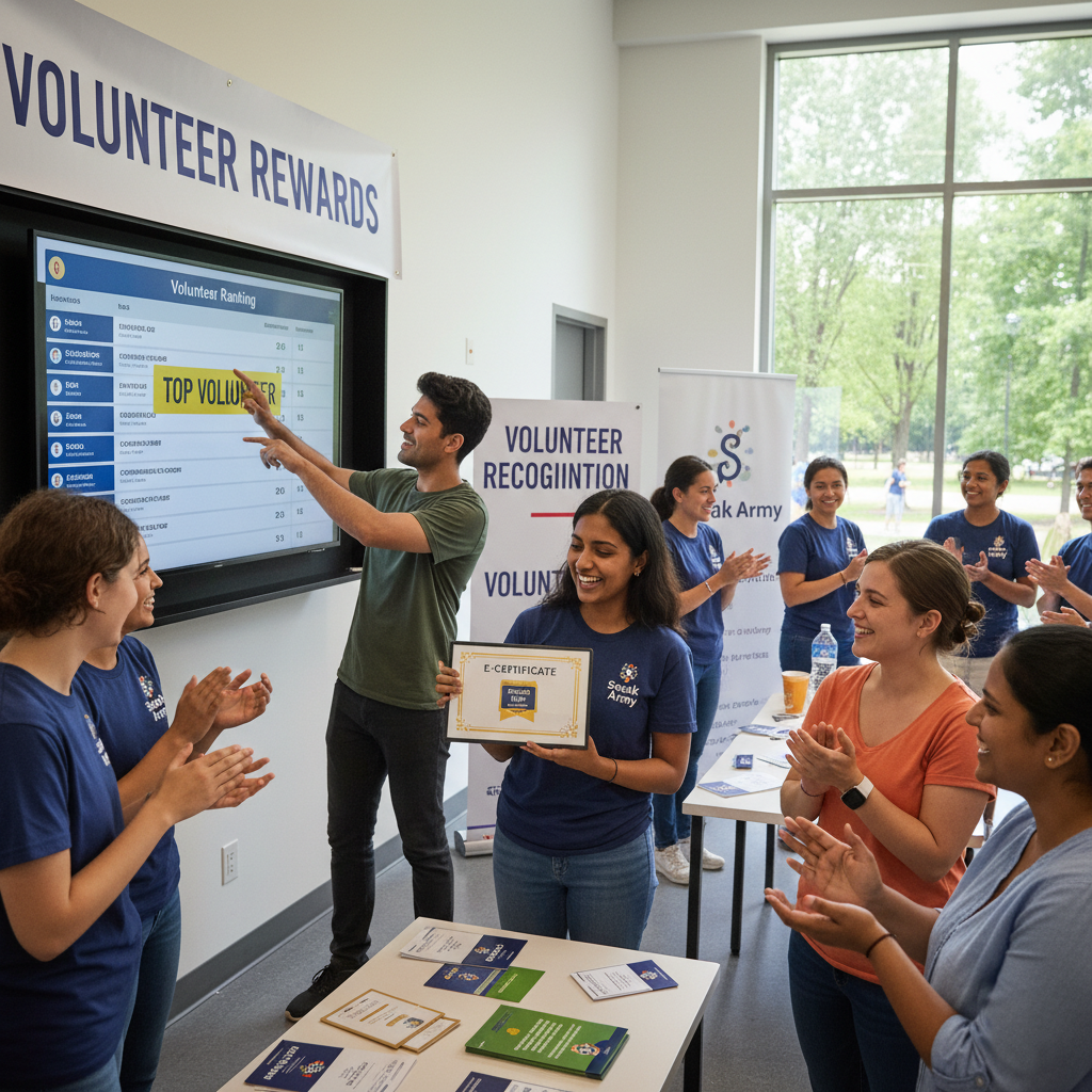 Volunteer rewards include recognition badges, certificates, and points.