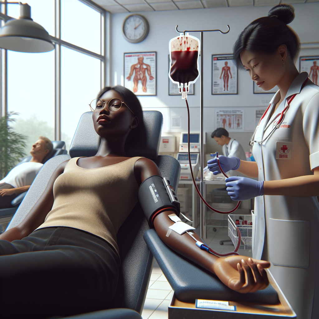 Blood Donation in progress at a clinic, with a donor seated while a nurse monitors the collection bag.